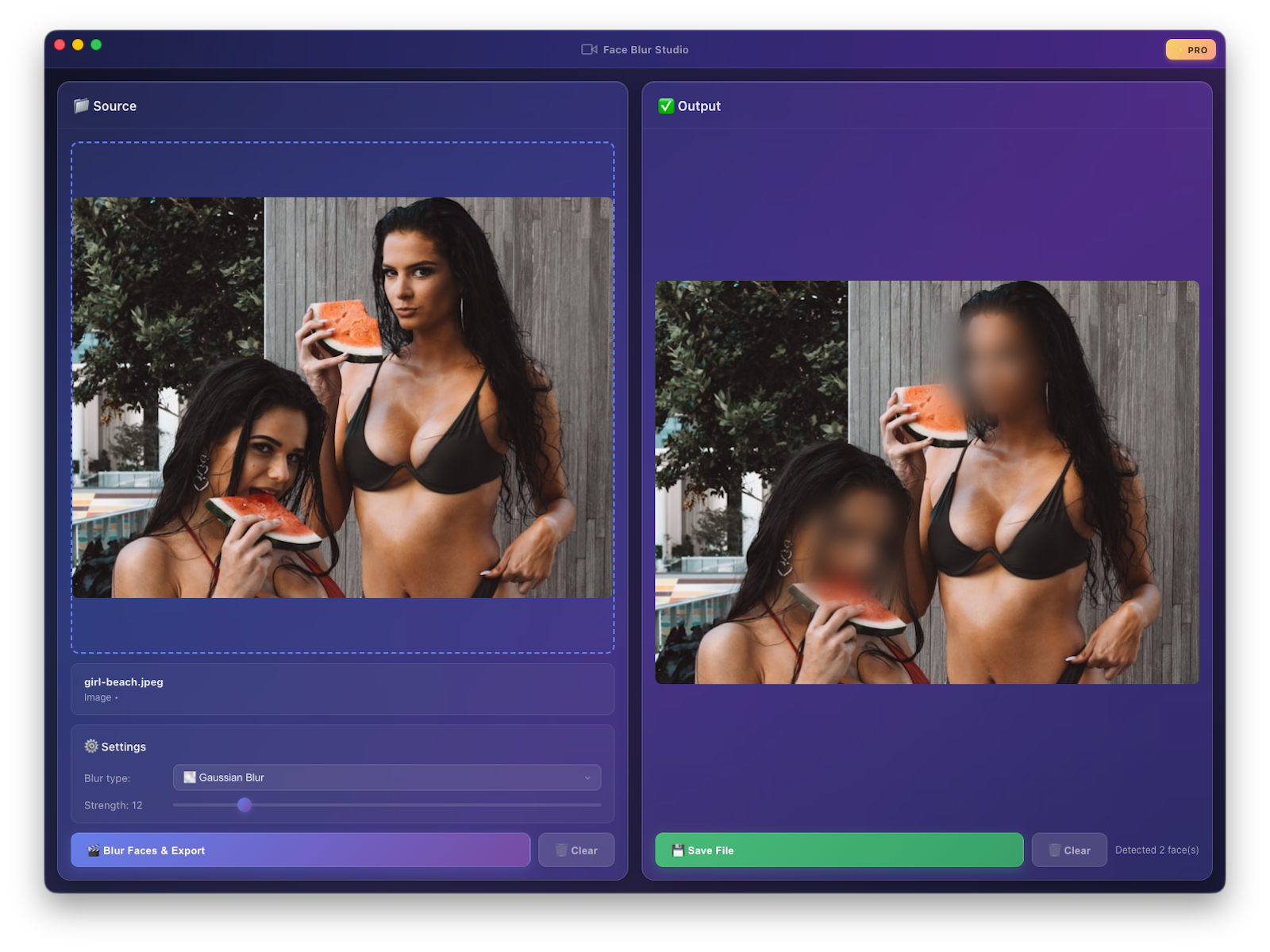 Face Blur Studio blurring faces in a video with side-by-side source and output
