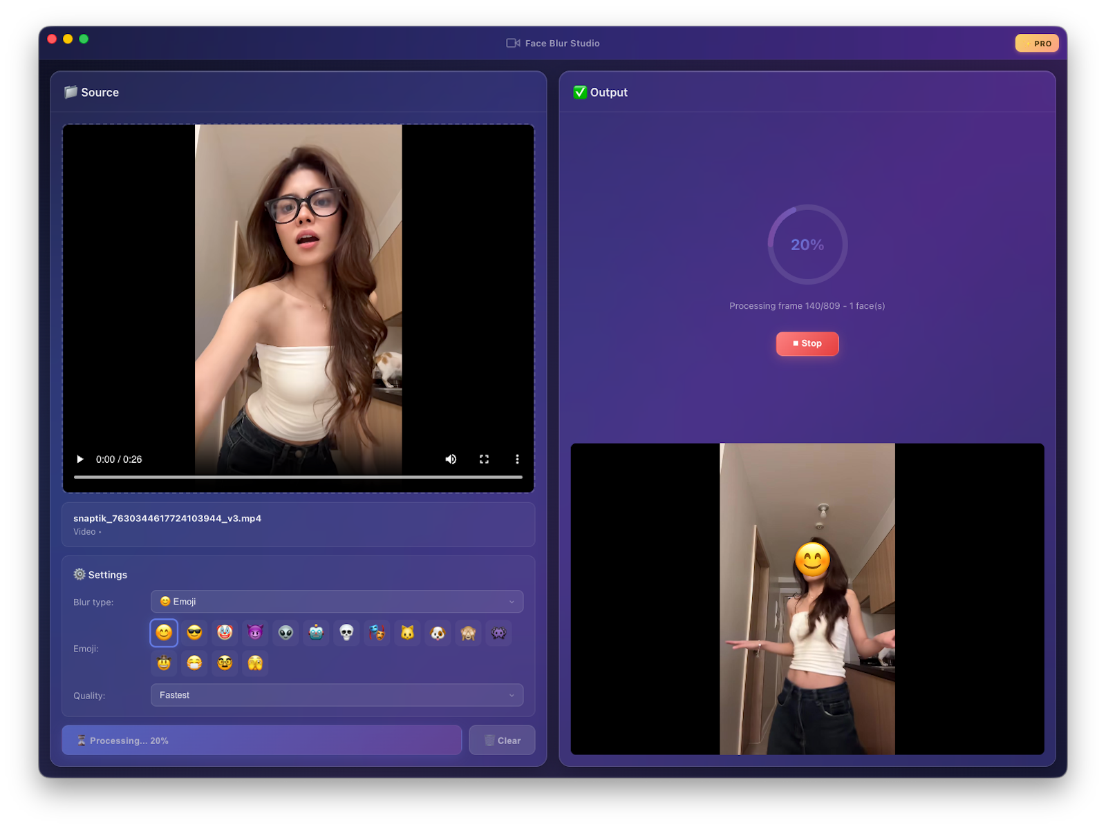 Face Blur Studio processing a video with a live progress ring